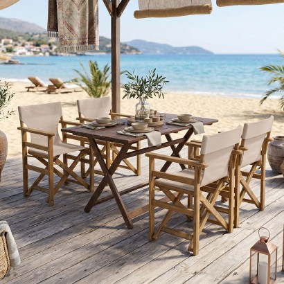 Tραπεζαρία Retto σετ 5τμχ μασίφ ξύλο οξιάς καρυδί πανί-μπεζ γκρι 100x60x71εκ