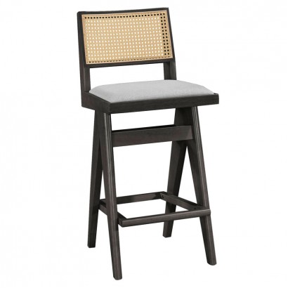 Σκαμπό bar Winslow pakoworld ξύλο rubberwood μαύρο-pvc rattan φυσικό-ύφασμα γκρι 44.5x46x98εκ