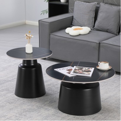 Τραπέζια σαλονιού Dualis pakoworld σετ 2 τεμ μέταλλο-sintered stone σε μαύρο μαρμάρου