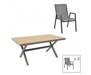 Τραπεζαρία Thorio-Azelie σετ 5τεμ pakoworld ανθρακί αλουμίνιο και plywood σε φυσική απόχρωση 160x90x75εκ