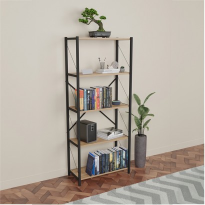 Βιβλιοθήκη Draizy pakoworld oak μελαμίνης-μαύρο μέταλλο 63x30x150εκ