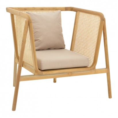 Πολυθρόνα Jenta pakoworld teak ξύλο με rattan σε φυσική απόχρωση και μπεζ μαξιλάρι 72x67x92εκ