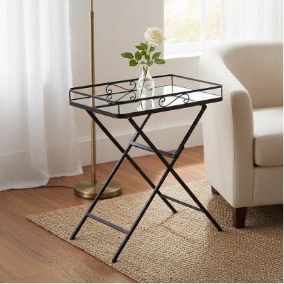 Τραπέζι Joene Inart πτυσσόμενο μαύρο μέταλλο-γυαλί καθρέπτη 60x38x68εκ