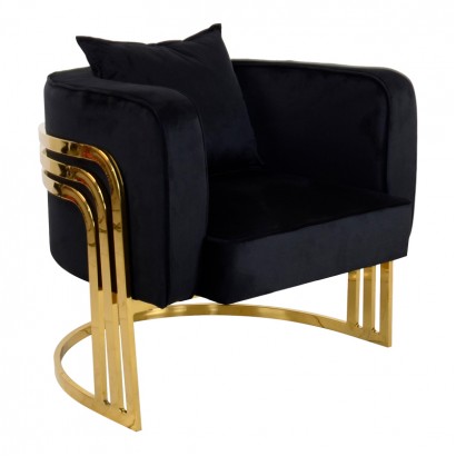 Πολυθρόνα Roblu pakoworld χρυσό μέταλλο και βελούδο σε μαύρη απόχρωση 72x77.4x70εκ