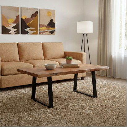 Τραπέζι σαλονιού Miles pakoworld μασίφ ξύλο ακακίας πάχους 3.7-4εκ σε καρυδί απόχρωση με μαύρα μεταλλικά πόδια 115x60x45εκ