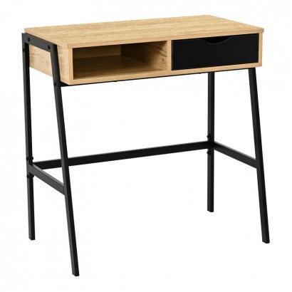 Γραφείο εργασίας Rezio pakoworld με ράφι και συρτάρι σε oak απόχρωση με μαύρο μεταλλικό σκελετό 75x45x76εκ