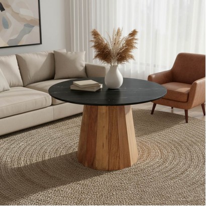 Τραπέζι Ezerdian pakoworld μασίφ ξύλο ακακίας σε φυσική απόχρωση με επιφάνεια μαύρου ματ μαρμάρου Φ120x76εκ