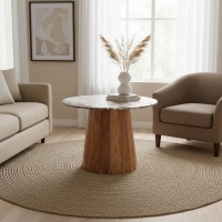 Τραπέζι Ezerdian pakoworld μασίφ ξύλο ακακίας σε φυσική απόχρωση με επιφάνεια ματ μαρμάρου Φ120x76εκ