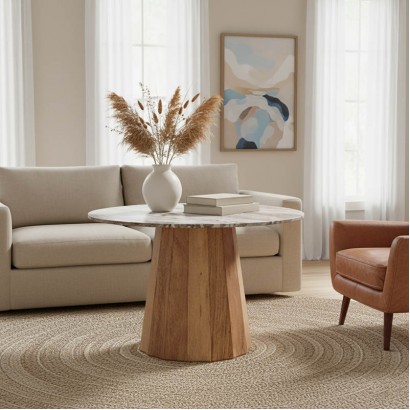 Τραπέζι Ezerdian pakoworld μασίφ ξύλο ακακίας σε φυσική απόχρωση με επιφάνεια ματ μαρμάρου Φ150x76εκ