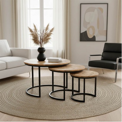 Τραπέζι σαλονιού Frina pakoworld σετ 3τεμ μασίφ mango ξύλο σε φυσική απόχρωση με πόδι μαύρο μέταλλο