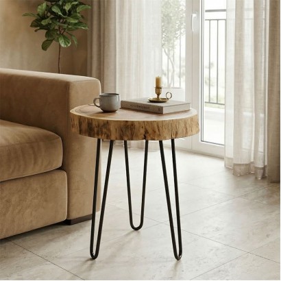 Βοηθητικό τραπέζι Tripp Ι pakoworld μασίφ ξύλο ακακίας σε φυσική απόχρωση-μαύρα μεταλλικά πόδια Φ41x45εκ