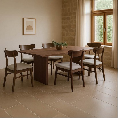 Τραπεζαρία Eleganza-Cairo pakoworld σετ 7τεμ mdf σε καρυδί-εκρού απόχρωση 180x99x75.8εκ