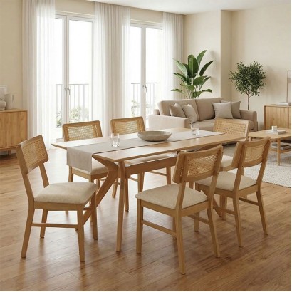 Τραπεζαρία Raffles pakoworld σετ 7τεμ rubberwood με pe rattanσε φυσική απόχρωση 150x90x76εκ