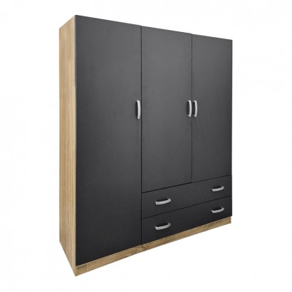 Ντουλάπα τρίφυλλη με 2 συρτάρια Alvia pakoworld sonoma-ανθρακί 150x51x180εκ