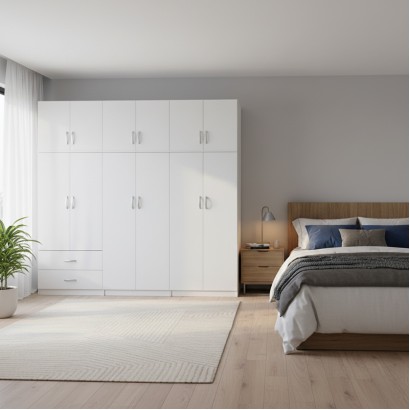 Ντουλάπα εξάφυλλη με πατάρι Athos I pakoworld λευκή 240x42x240εκ