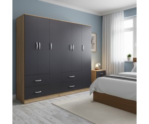 Ντουλάπα εξάφυλλη Athos pakoworld sonoma-ανθρακί 180x42x180εκ