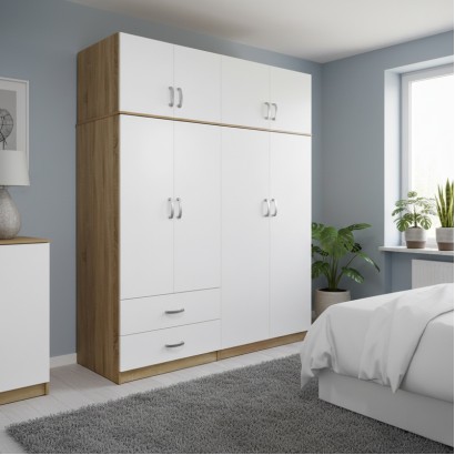 Ντουλάπα τετράφυλλη με πατάρι Athos pakoworld sonoma-λευκή 160x42x240εκ Ντουλάπα τετράφυλλη με πατάρι Athos pakoworld sonoma-λευκή 160x42x240εκ