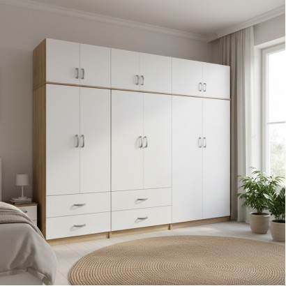 Ντουλάπα εξάφυλλη με πατάρι Athos pakoworld sonoma-λευκή 240x42x240εκ Ντουλάπα εξάφυλλη με πατάρι Athos pakoworld sonoma-λευκή 240x42x240εκ