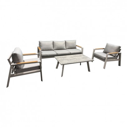 Σαλόνι κήπου Aeria pakoworld 4τεμ αλουμίνιο σε μπεζ απόχρωση - teak - ύφασμα γκρι