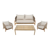 Σαλόνι εξωτερικού χώρου Lemanda pakoworld μασίφ ξύλο ακακίας με σχοινί και μπεζ μαξιλάρια