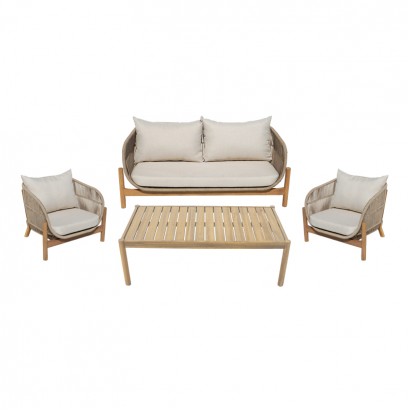 Σαλόνι εξωτερικού χώρου Lemanda pakoworld μασίφ ξύλο ακακίας με σχοινί και μπεζ μαξιλάρια