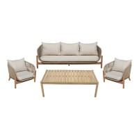 Σαλόνι εξωτερικού χώρου Verilan pakoworld μασίφ ξύλο ακακίας με σχοινί και μπεζ μαξιλάρια